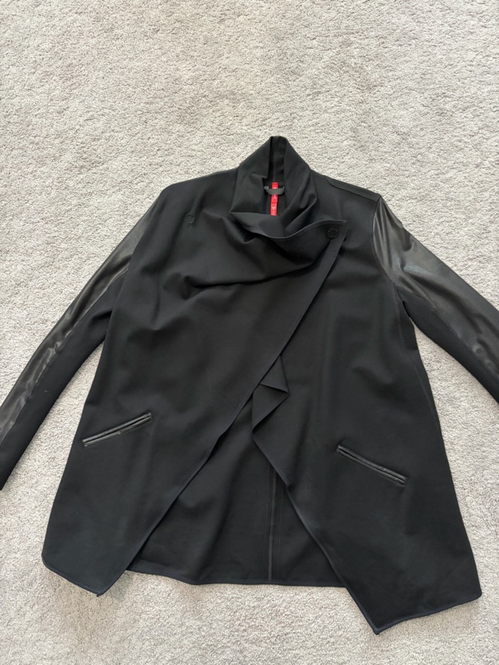 SPANX Black Asymmetrical Lightweight Jacket with Leather-Trim Sleeves